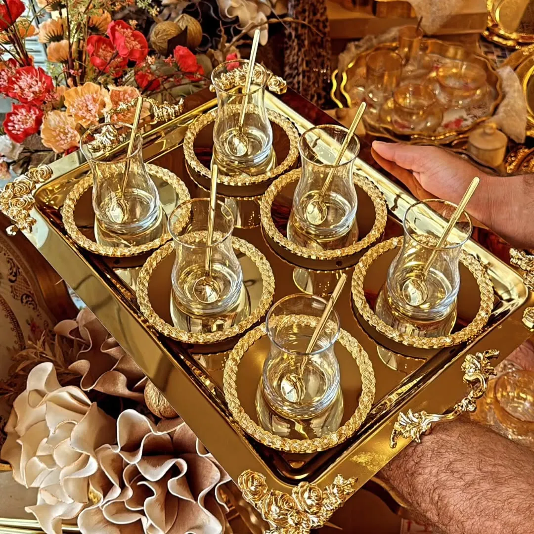 Luxury Gold Rimmed Glass Cup with Saucer and Spoon