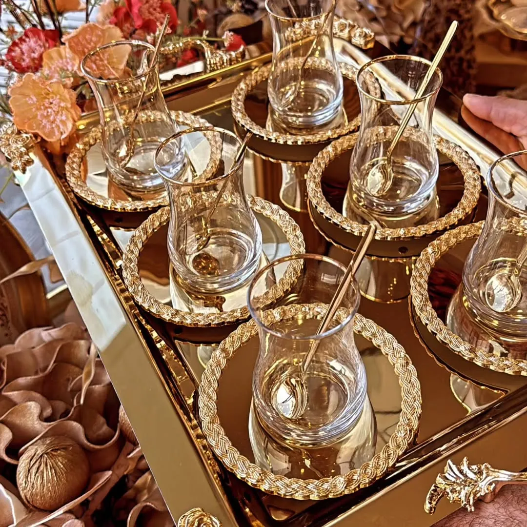 Luxury Gold Rimmed Glass Cup with Saucer and Spoon