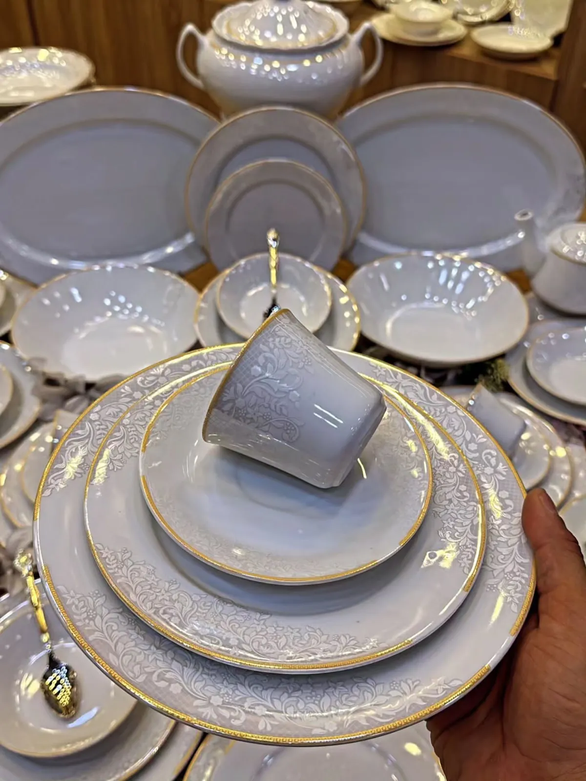Elegant White Dinnerware Set with Gold Trim