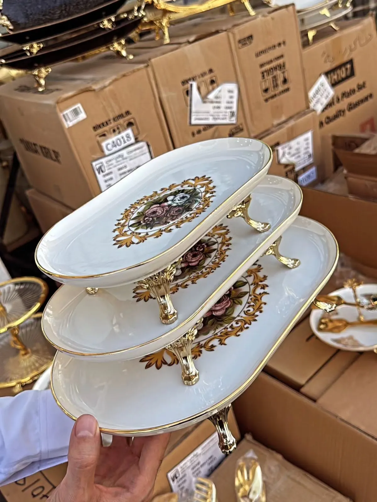 Three-Tier Ceramic Serving Tray with Gold Trim