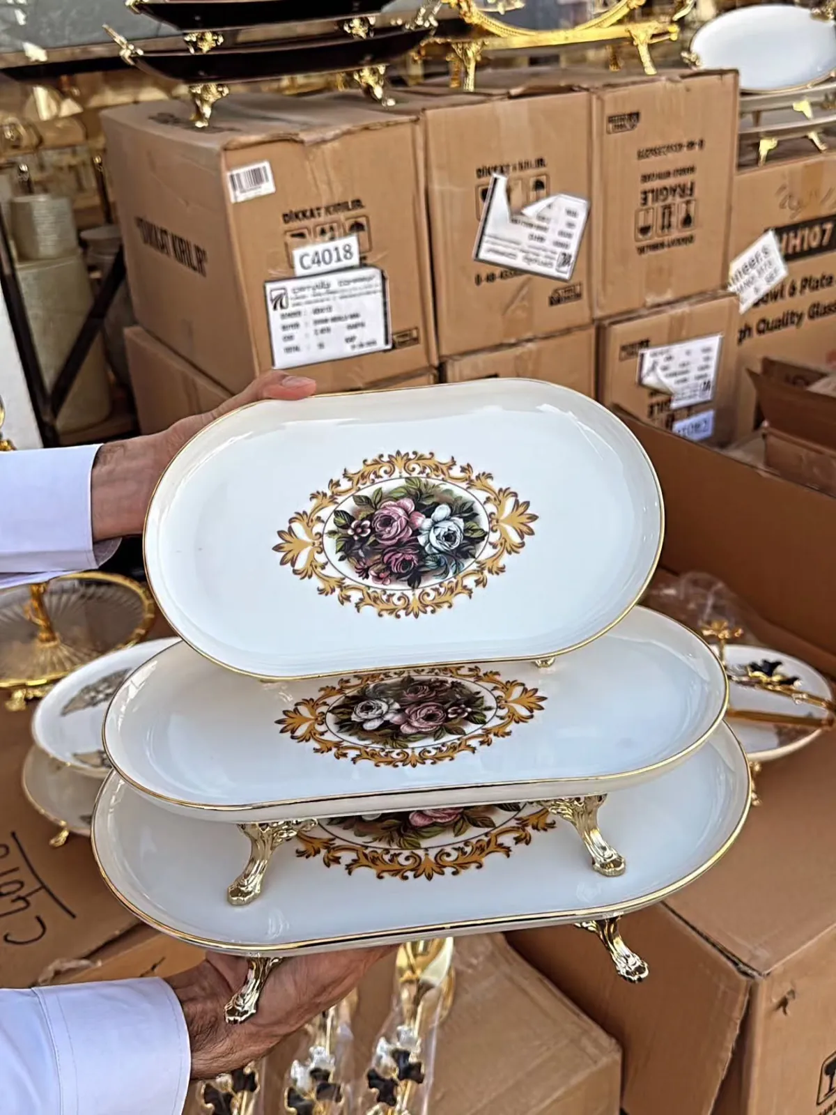 Three-Tier Ceramic Serving Tray with Gold Trim