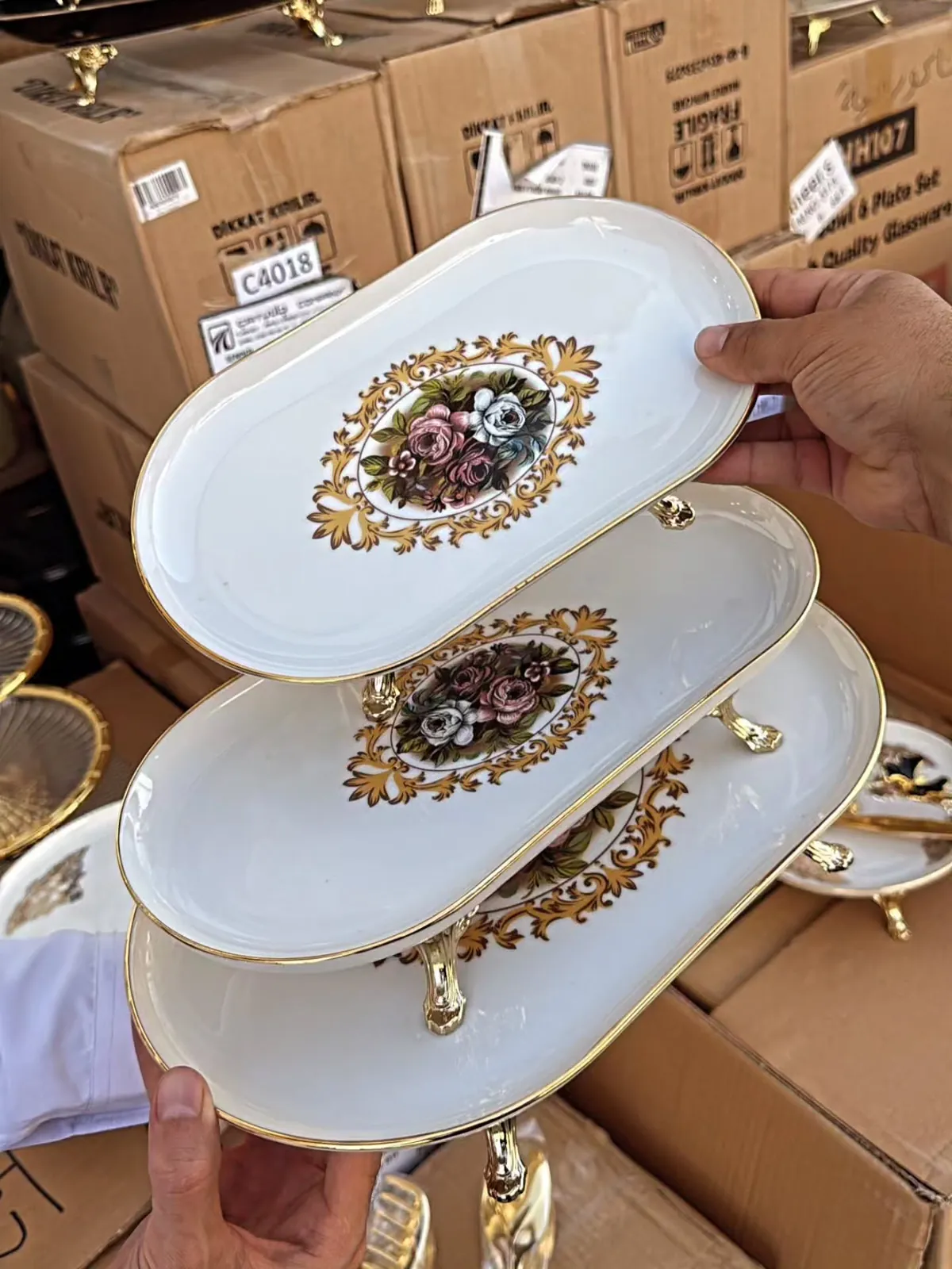 Three-Tier Ceramic Serving Tray with Gold Trim