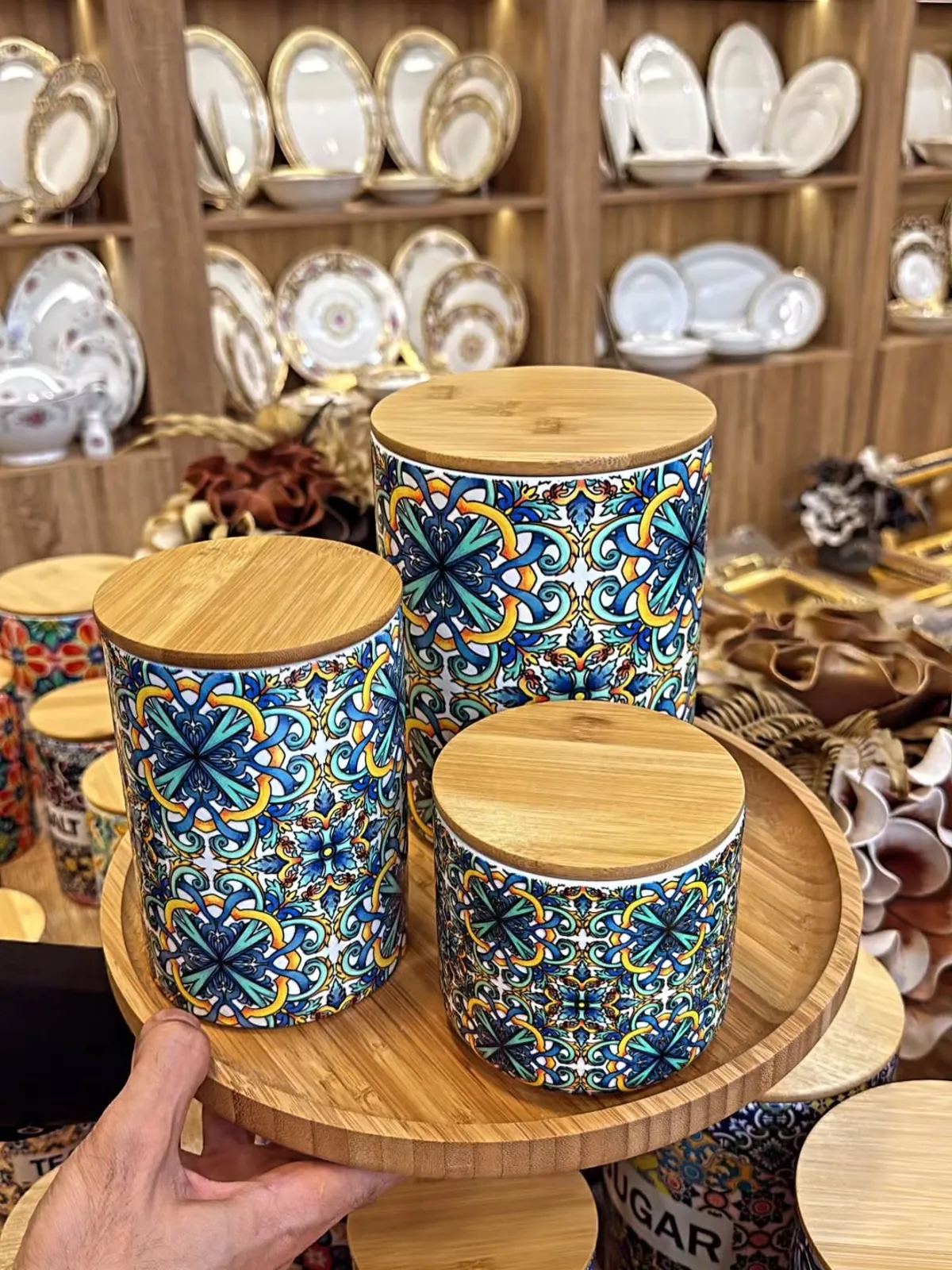 Decorative Sugar Canisters Set with Bamboo Lids