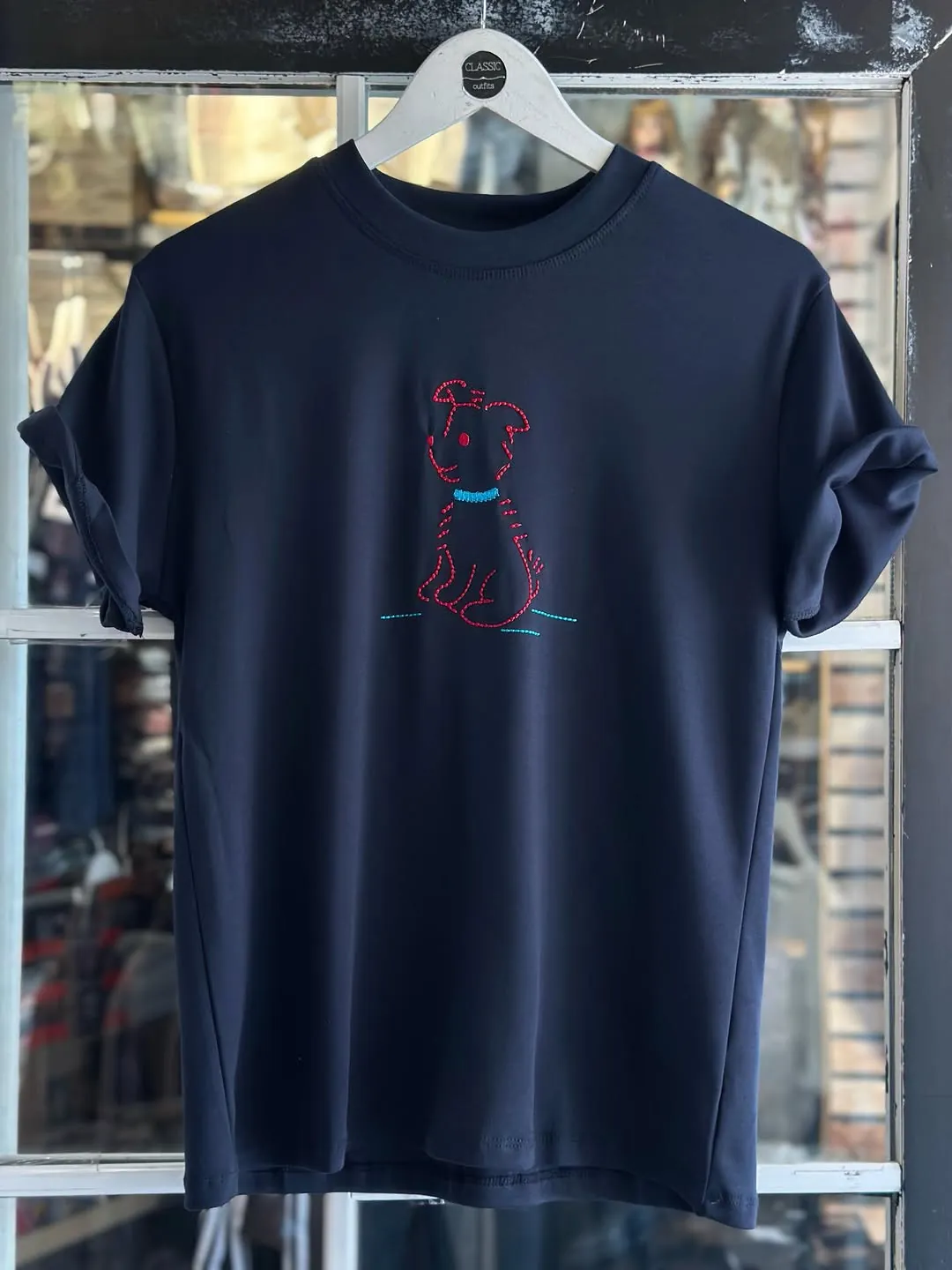 Navy Blue T-Shirt with Dog Embroidery