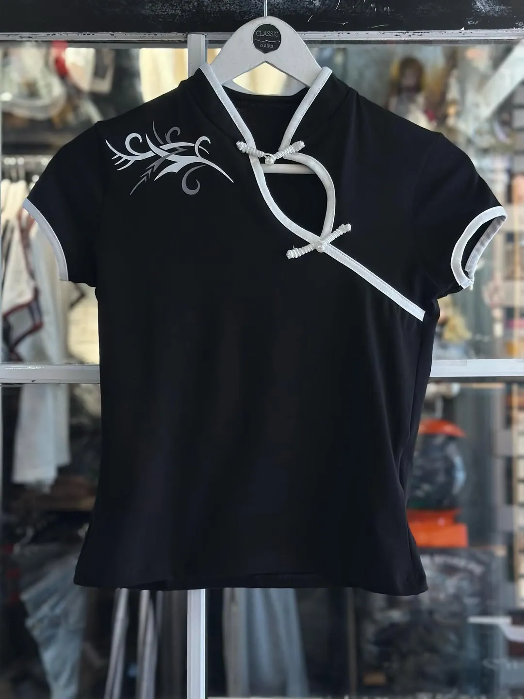Black Short Sleeve Top with White Trim