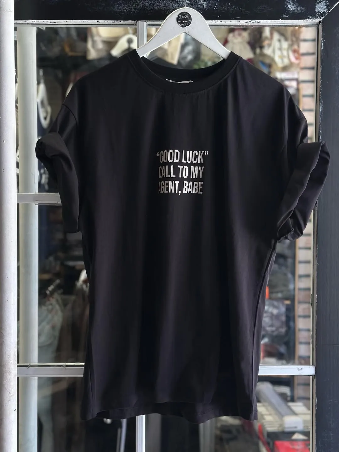White T-Shirt with "Good Luck Call to My Agent, Babe" Print