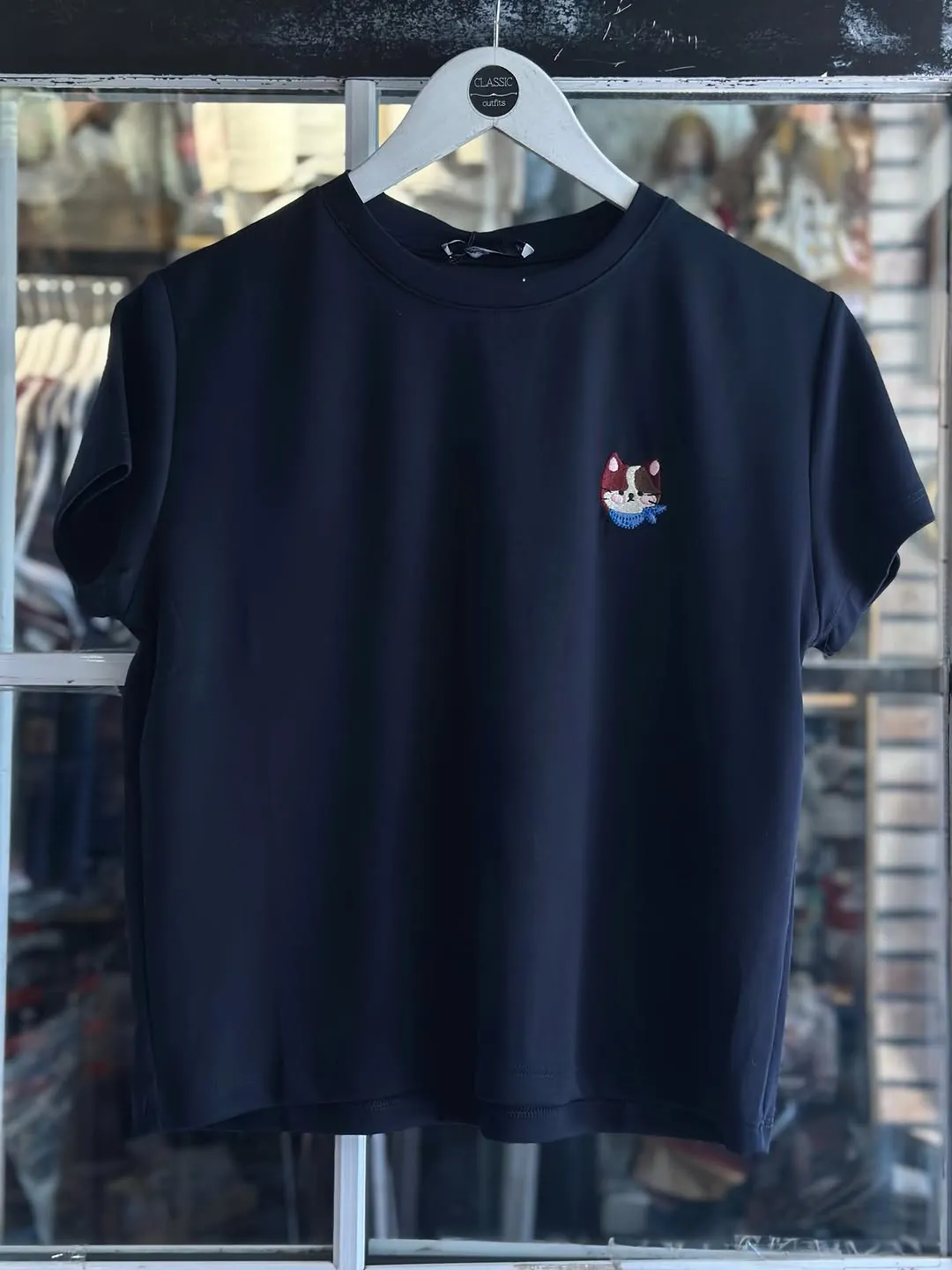 Navy Blue T-Shirt with Dog Embroidery