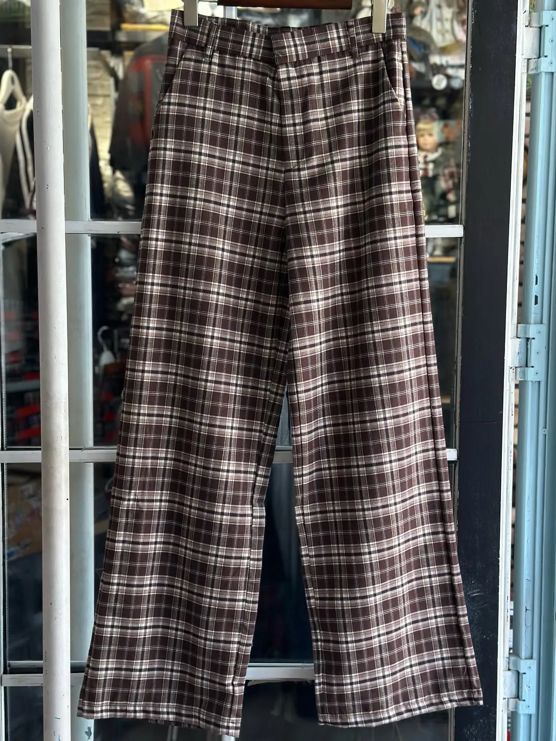 Brown Plaid Wide-Leg Trousers