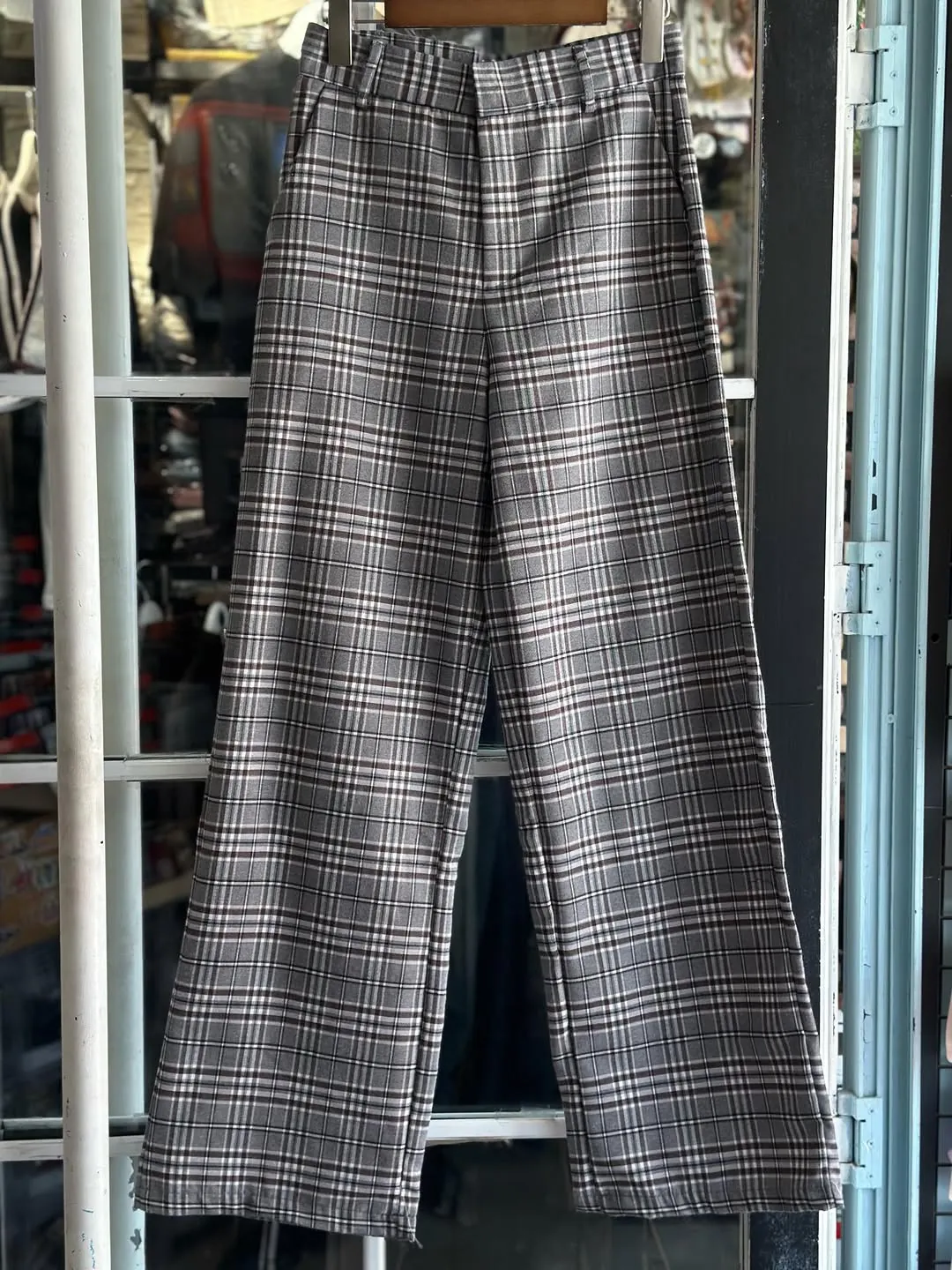 Brown Plaid Wide-Leg Trousers