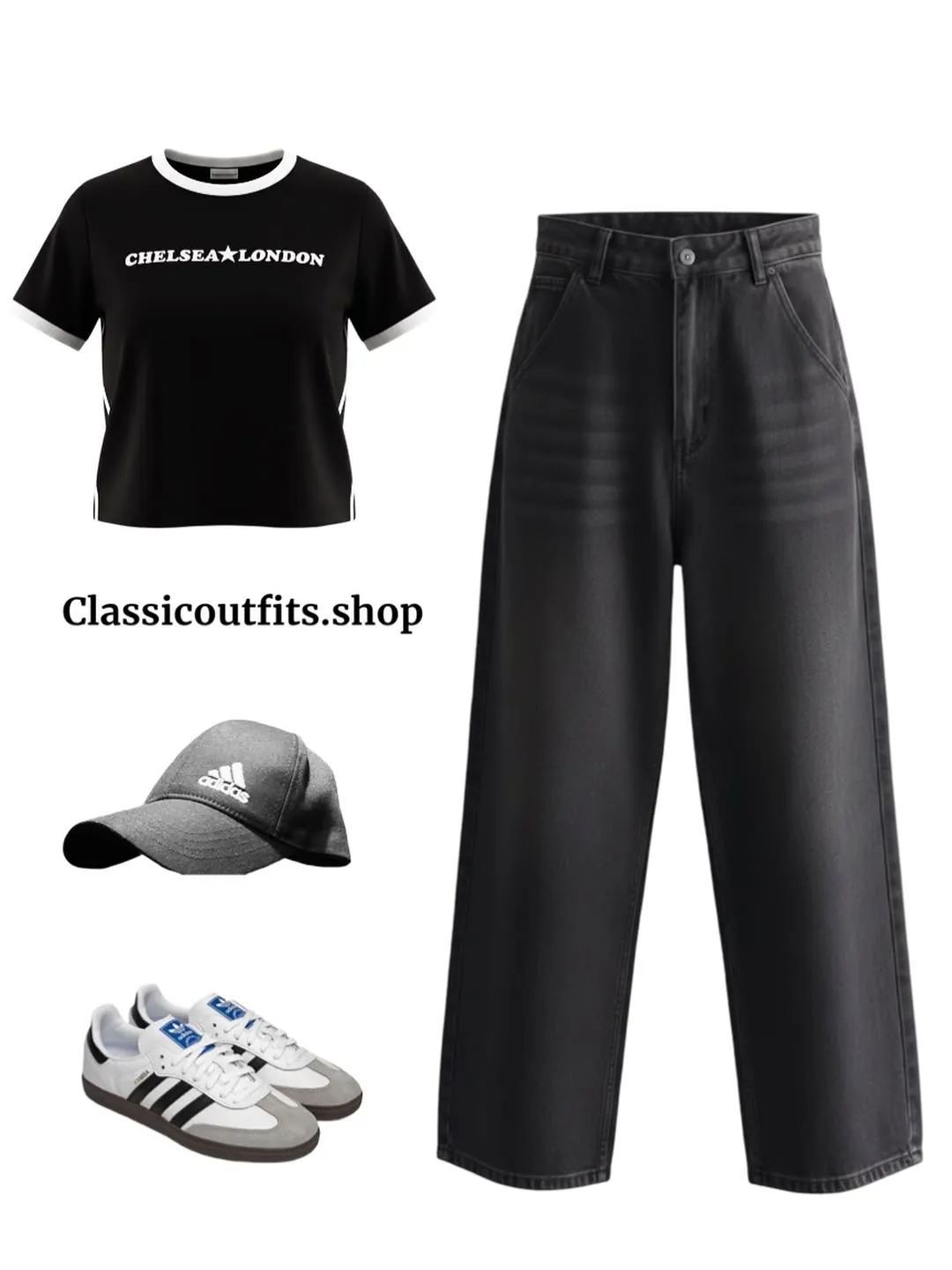 Women's Casual Outfit Set: Crop Top, Jeans, Cap, and Sneakers