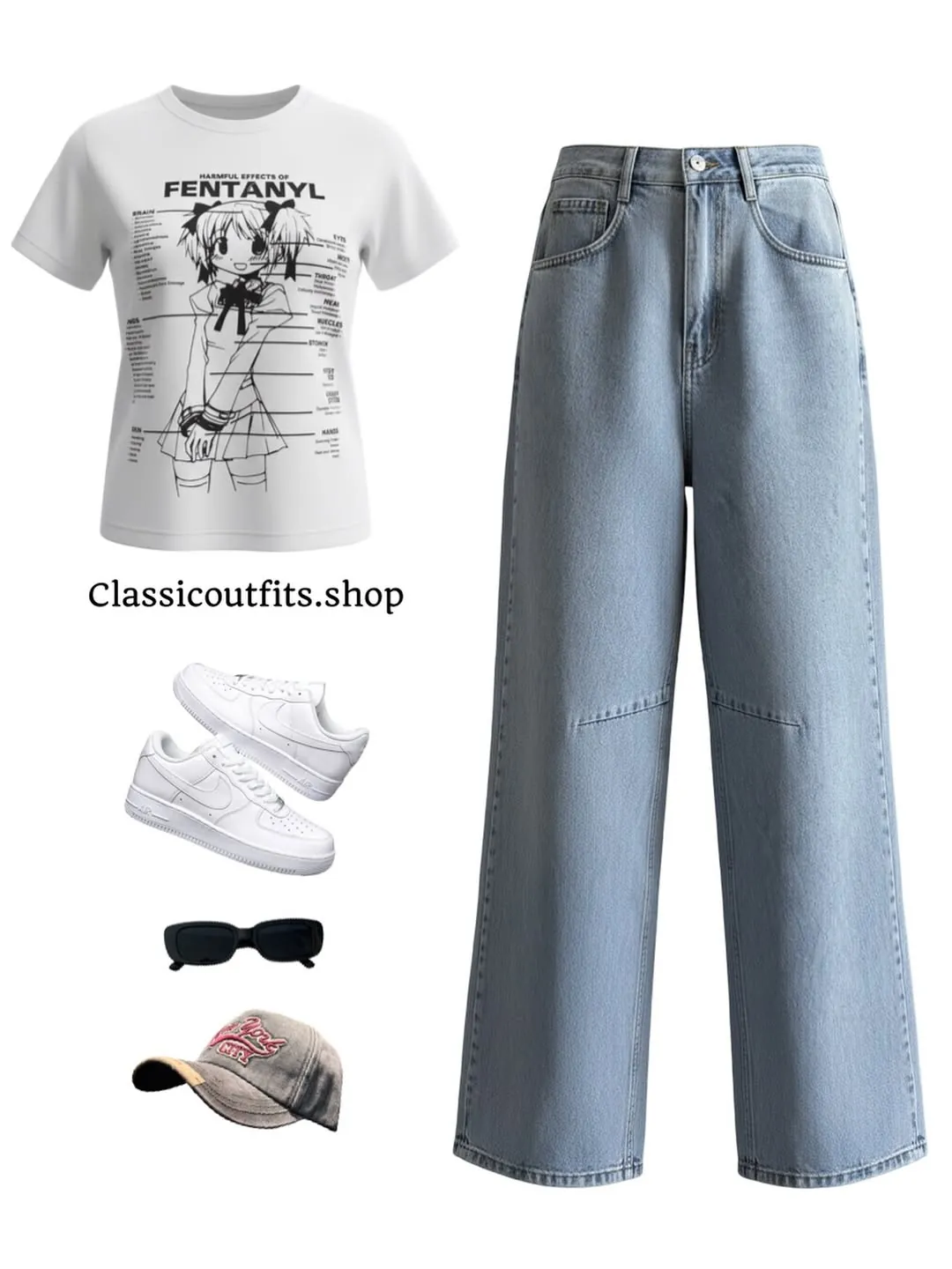 Graphic T-Shirt and Wide-Leg Jeans Outfit Set