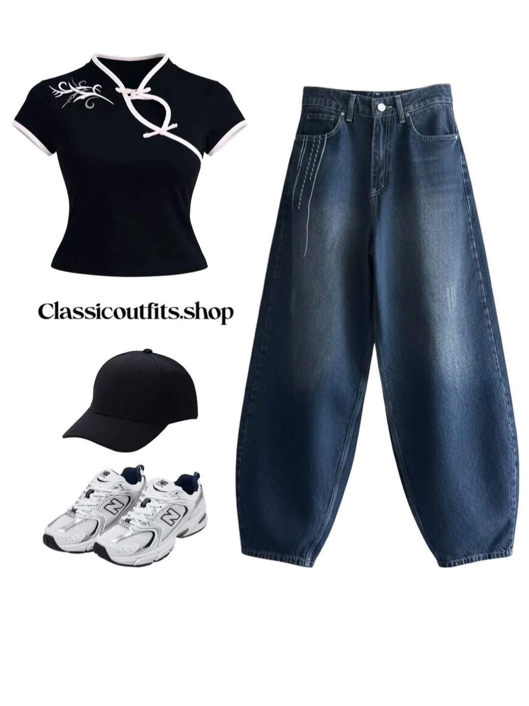 Women's Casual Outfit Set with Top, Jeans, Cap, and Sneakers
