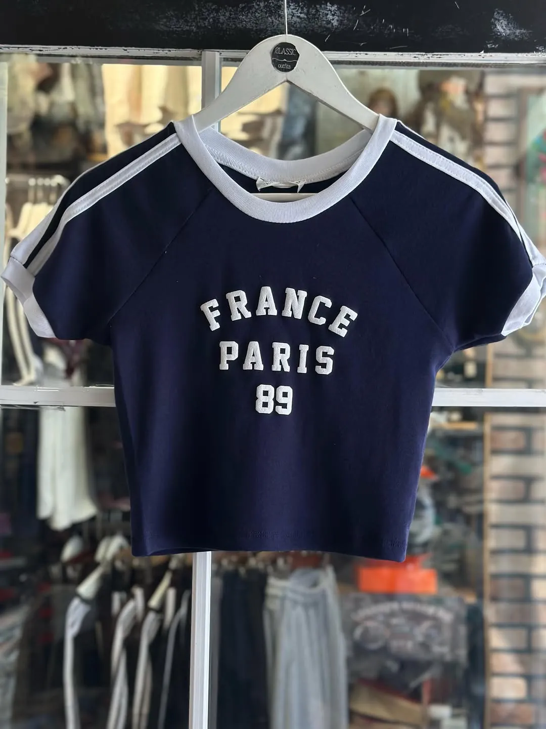 Navy Blue Cropped T-Shirt with France Paris 89 Design