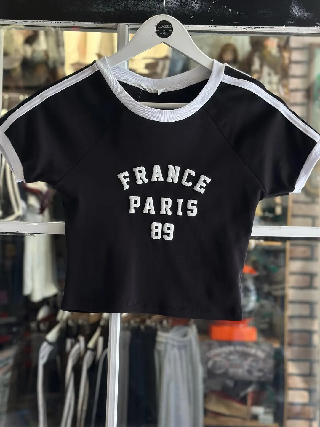 Navy Blue Cropped T-Shirt with France Paris 89 Design