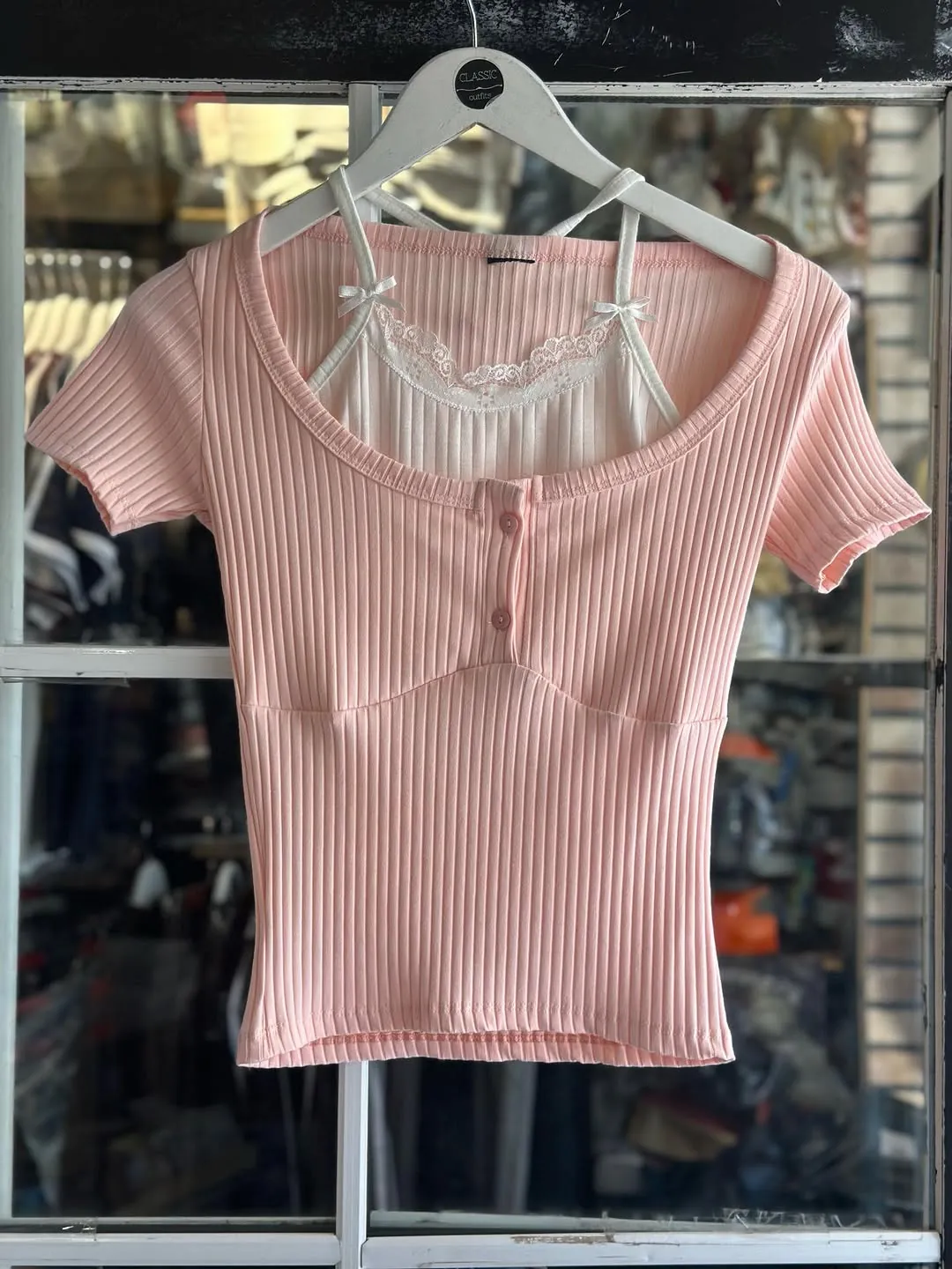 Pink Ribbed Short Sleeve Top with Lace Detail