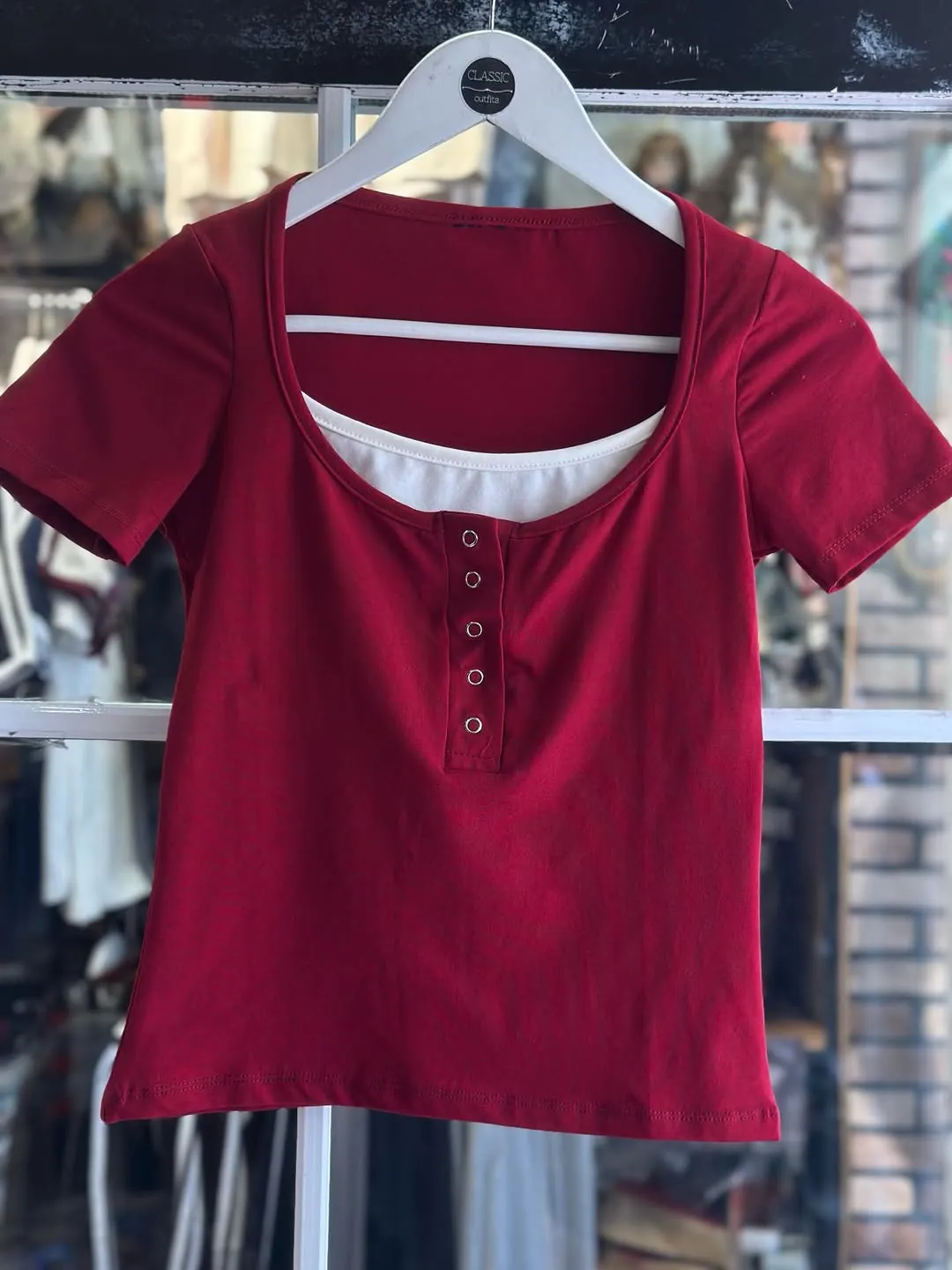 Red Short-Sleeve Top with Square Neckline and Button Details
