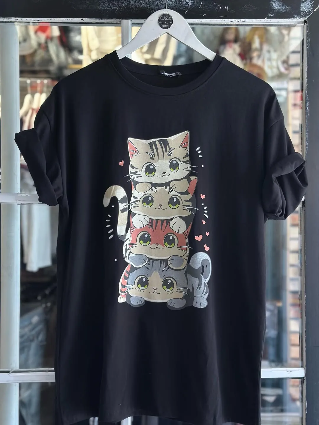 Black T-shirt with Stacked Cats Print