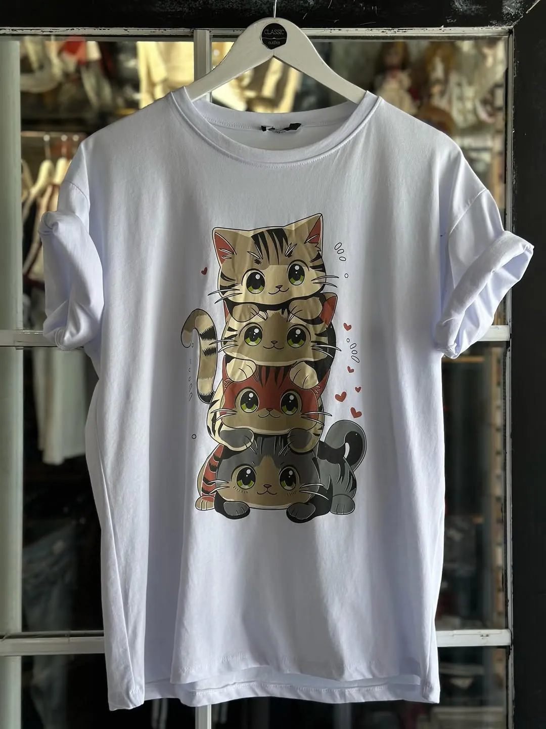Black T-shirt with Stacked Cats Print