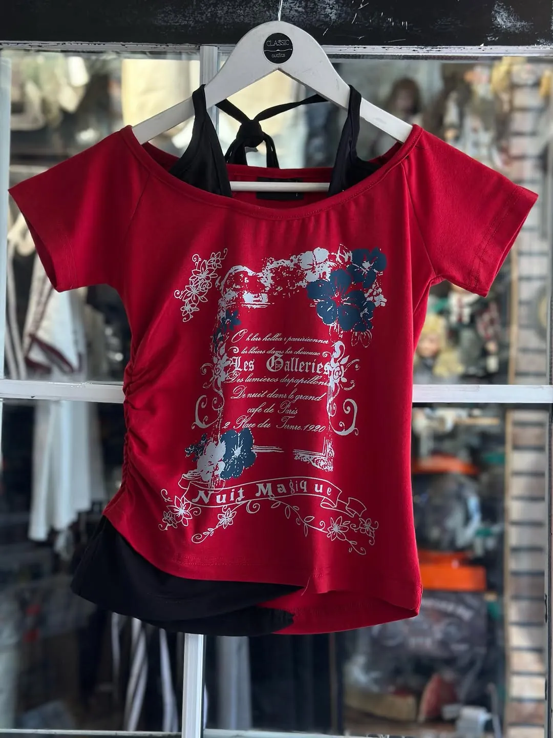 Red Graphic Print T-Shirt with Black Halter Top