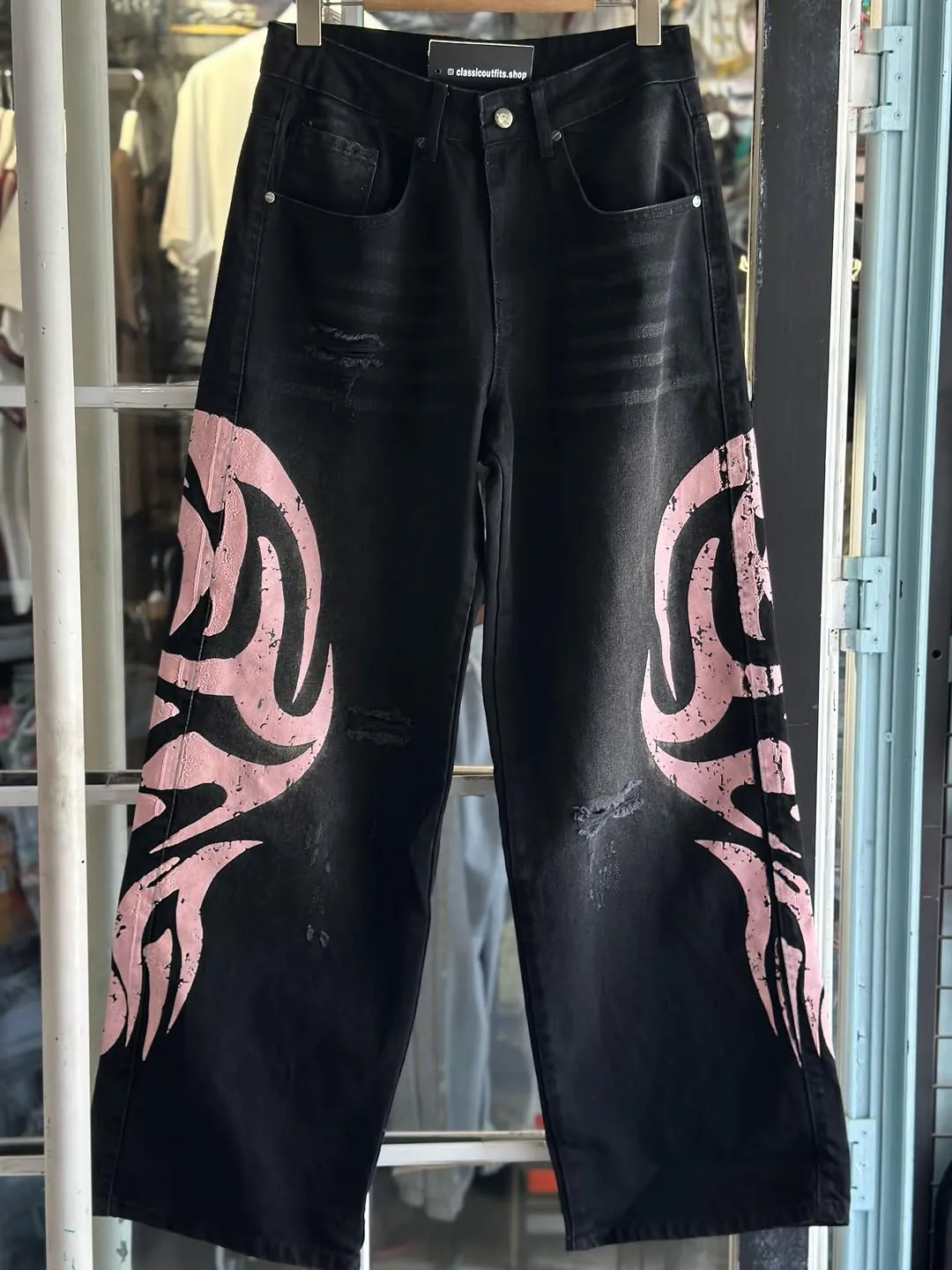 Black Jeans with Pink Graphic Print