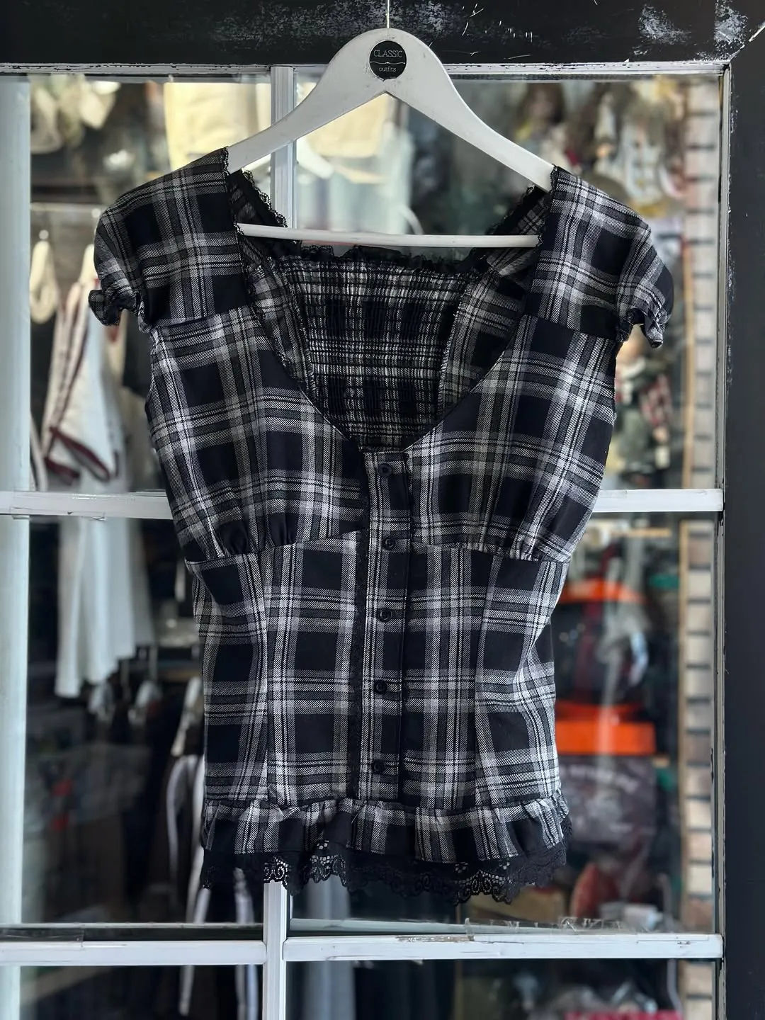 Black and White Plaid Button-Up Top