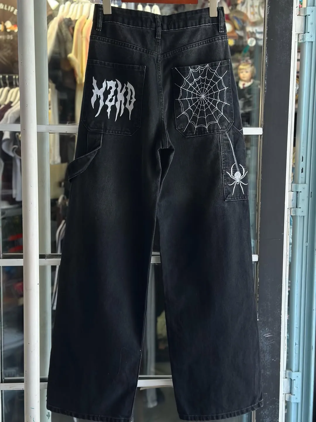 Black Wide-Leg Jeans with Spider Web Embroidery