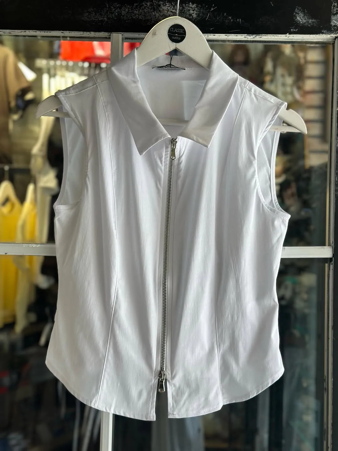 White Sleeveless Zip-Up Collared Top
