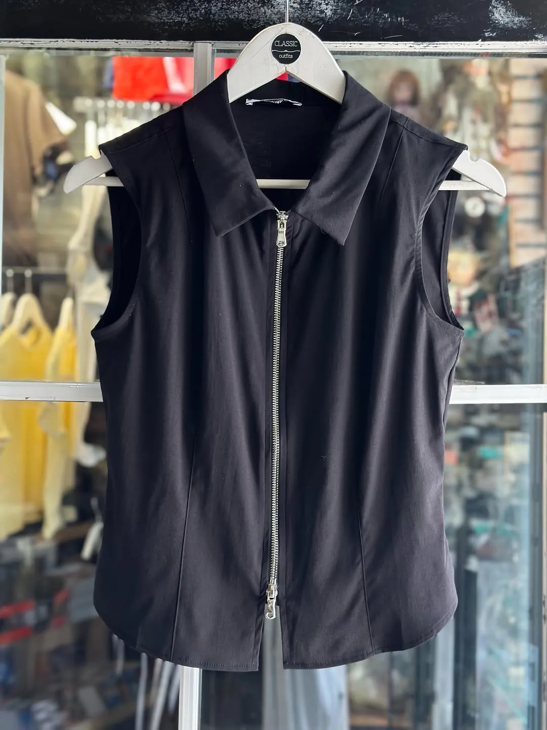 White Sleeveless Zip-Up Collared Top