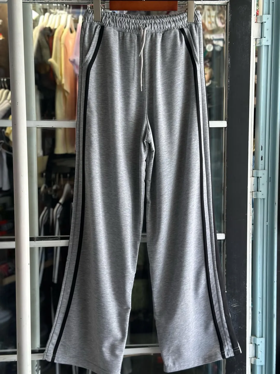 Grey Wide-Leg Sweatpants with Black Stripes