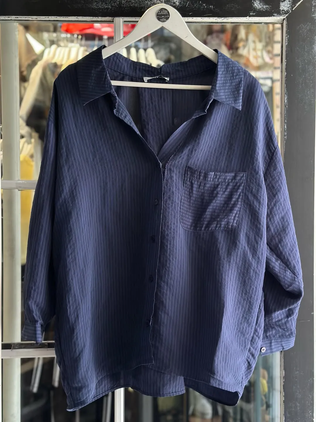 Navy Blue Striped Button-Down Shirt