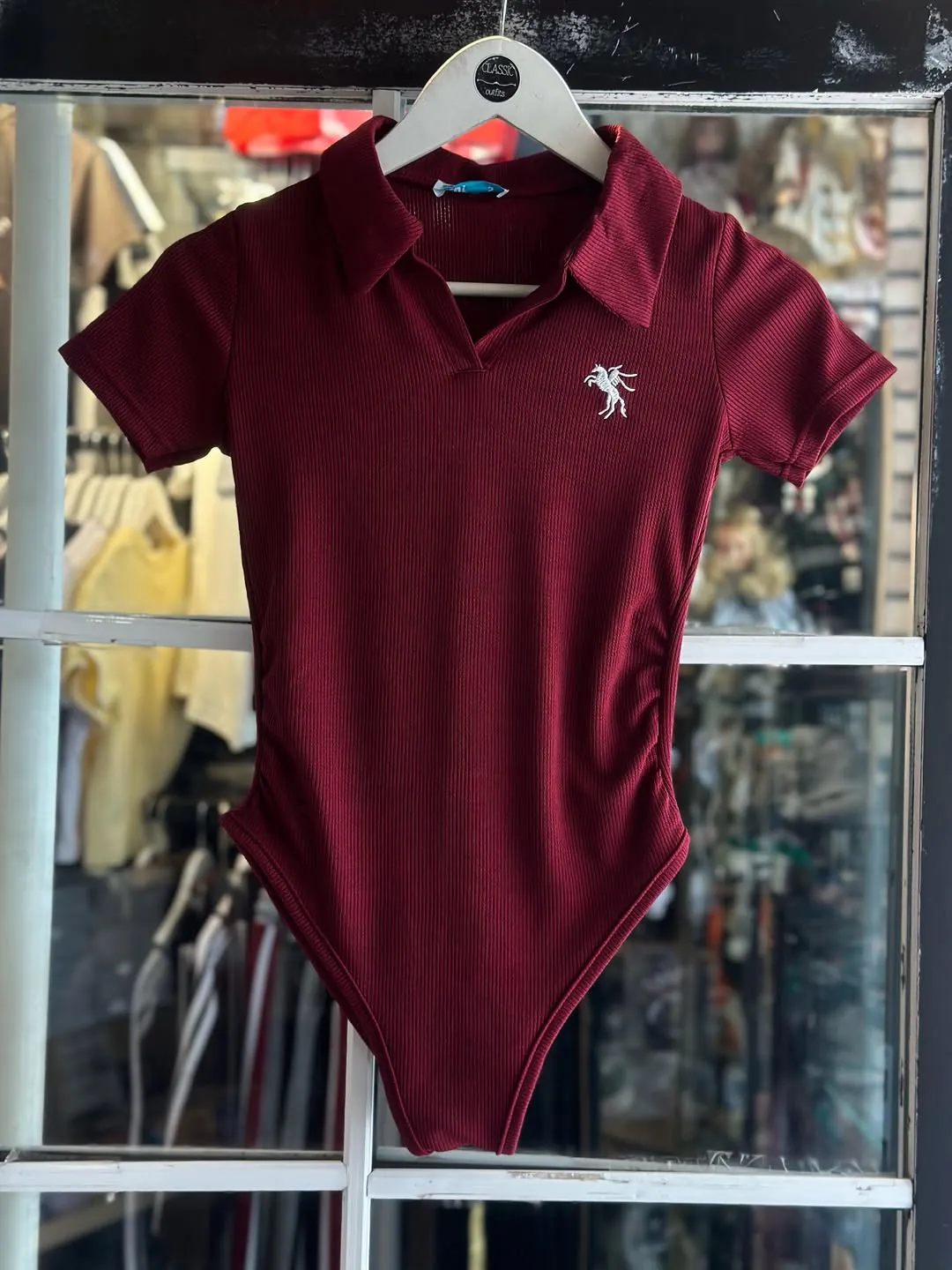 Maroon Ribbed Polo Bodysuit