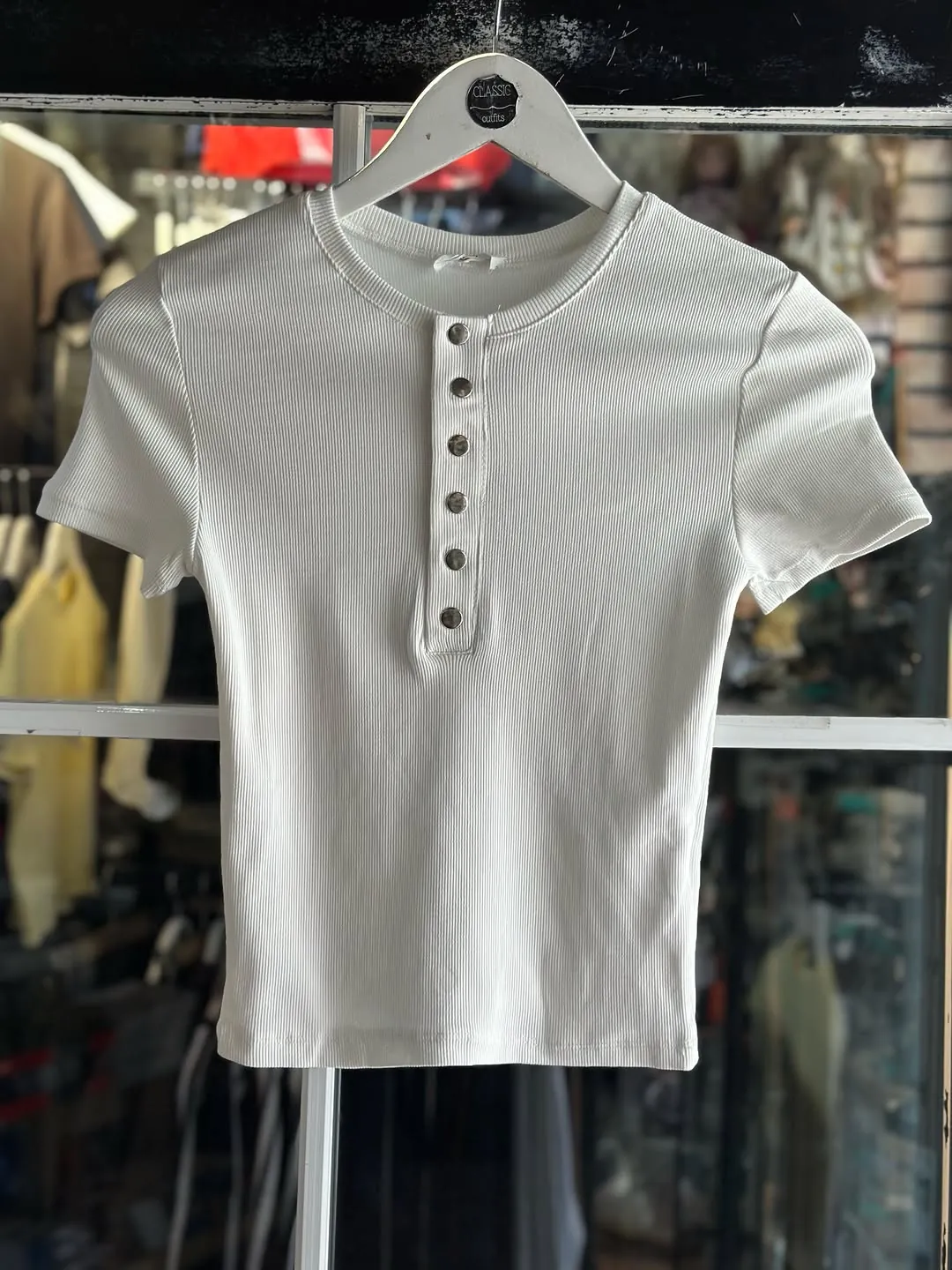 White Ribbed Henley Top