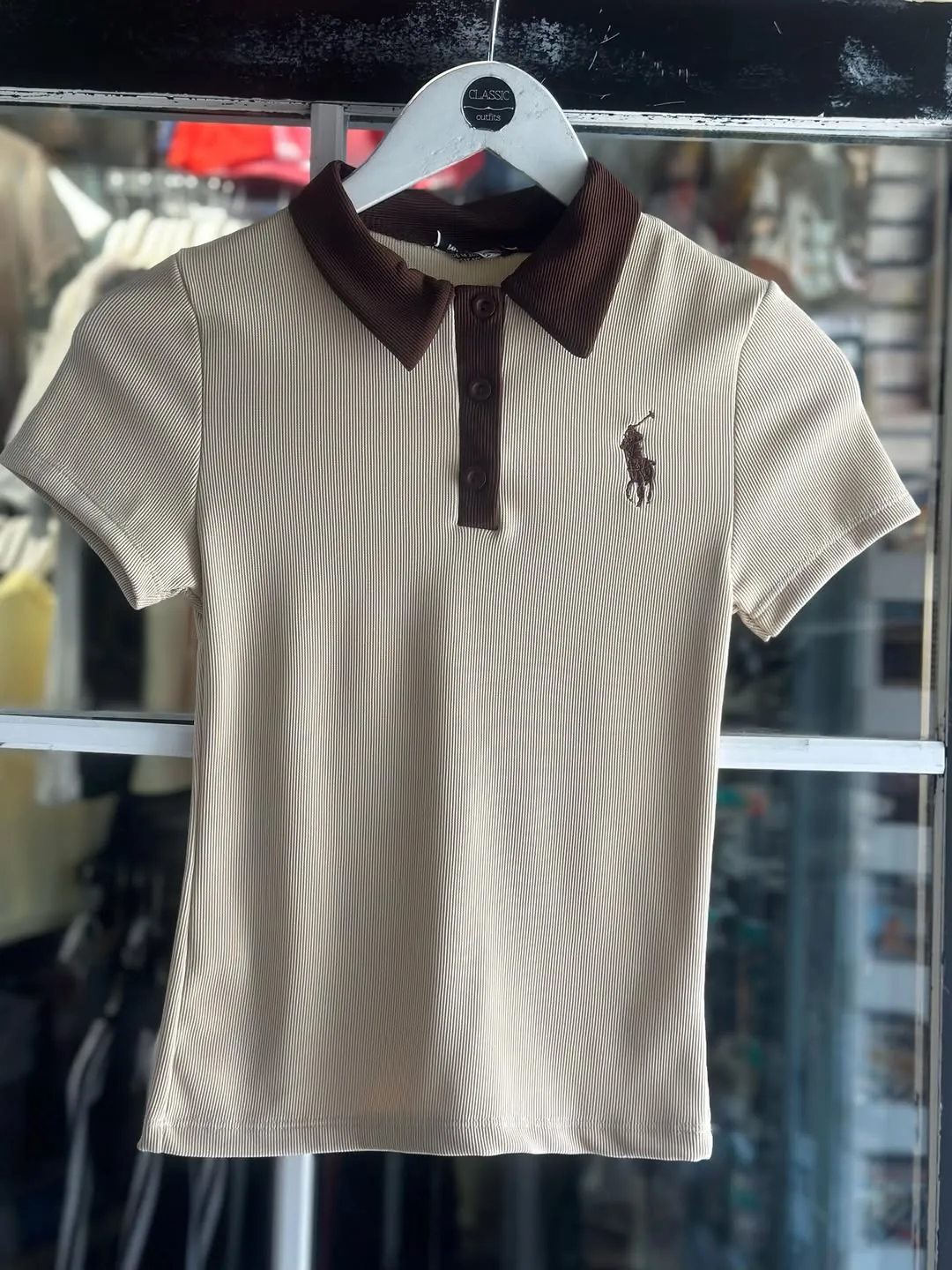 Beige Ribbed Polo Shirt with Brown Collar