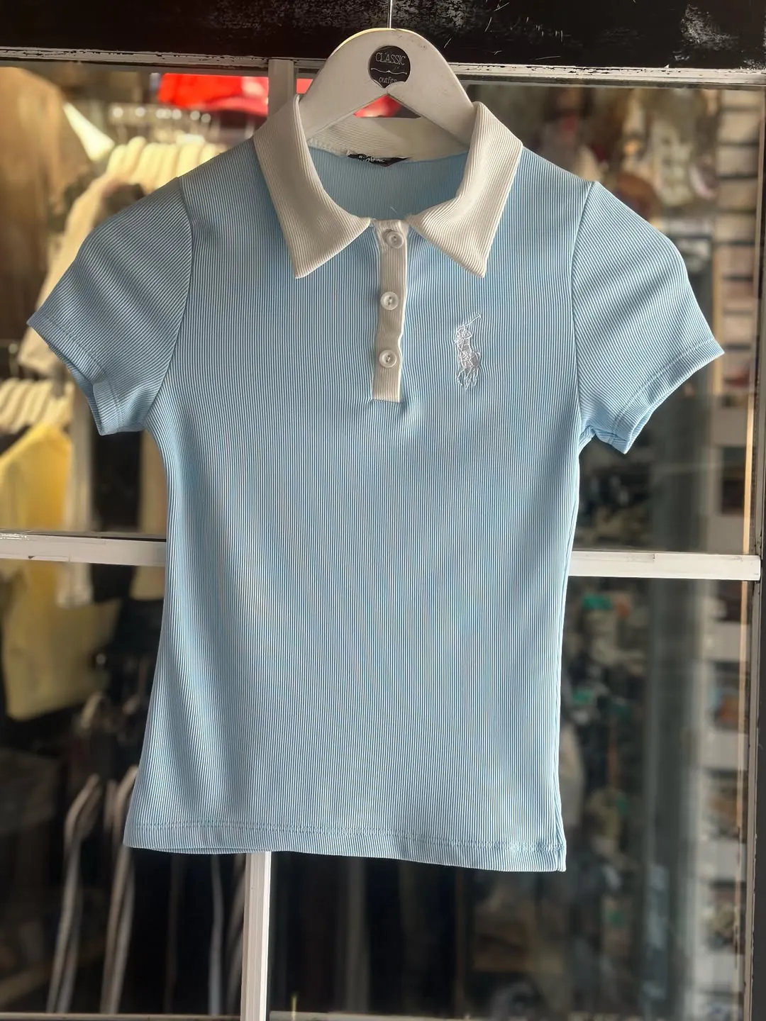 Beige Ribbed Polo Shirt with Brown Collar