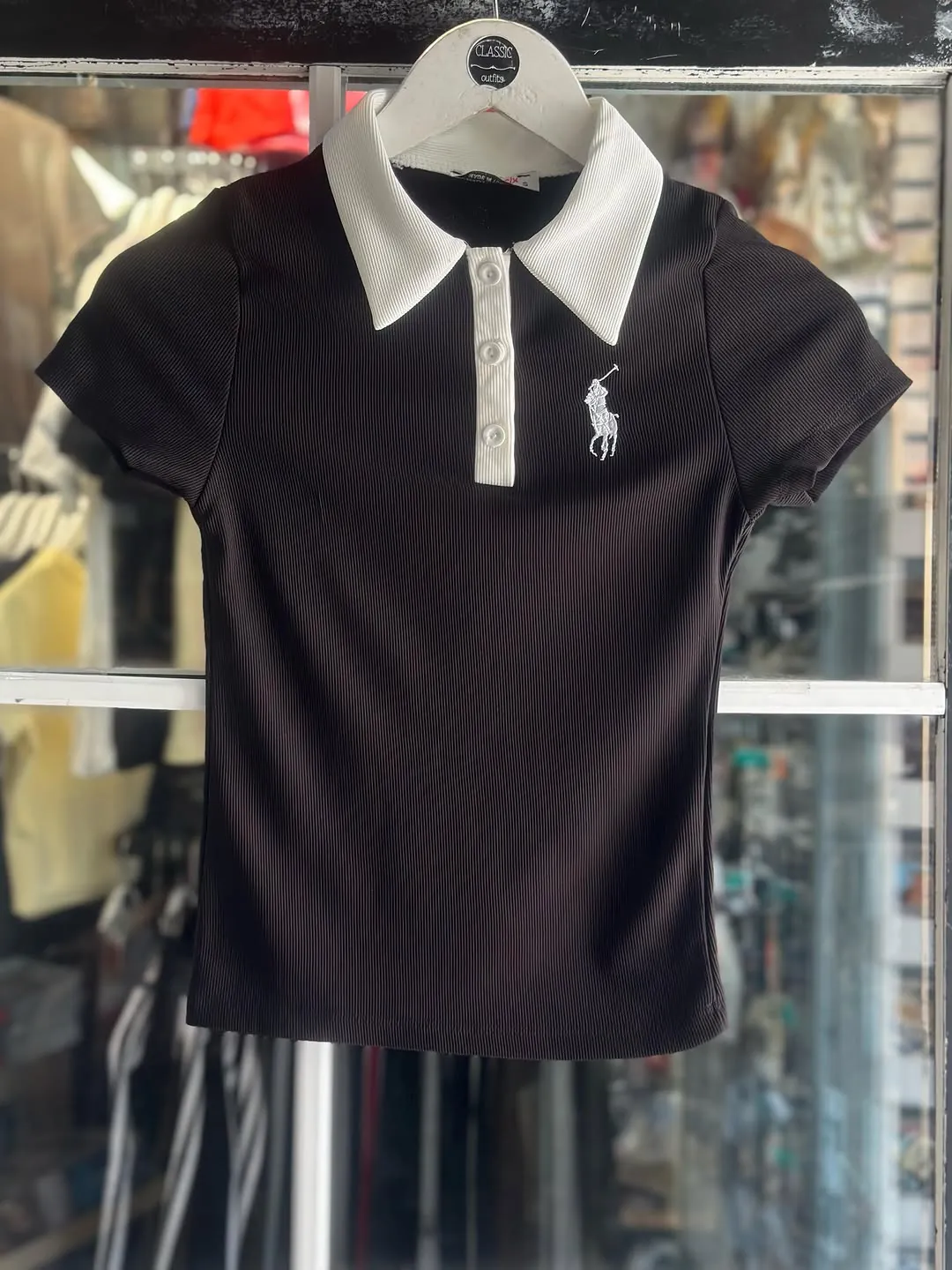 Beige Ribbed Polo Shirt with Brown Collar
