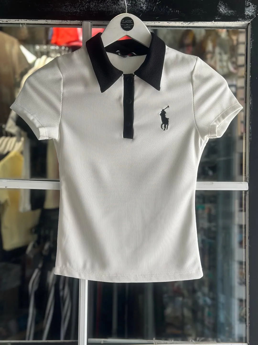 Beige Ribbed Polo Shirt with Brown Collar