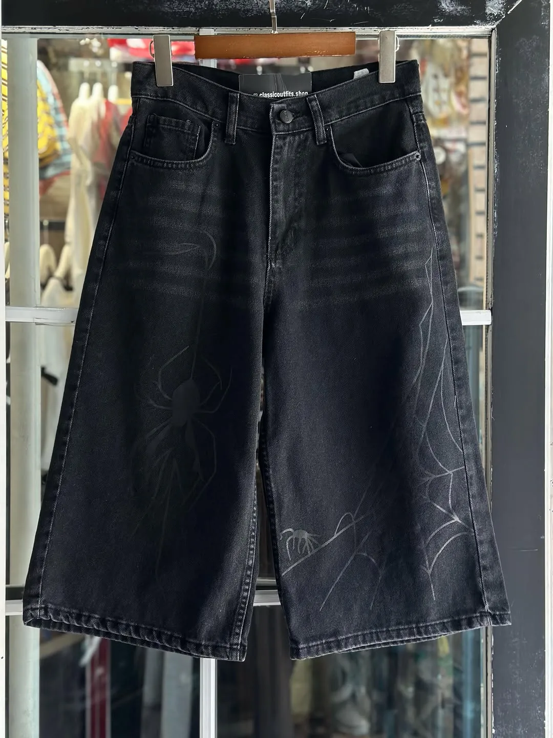 Black Denim Shorts with Spider Web Design