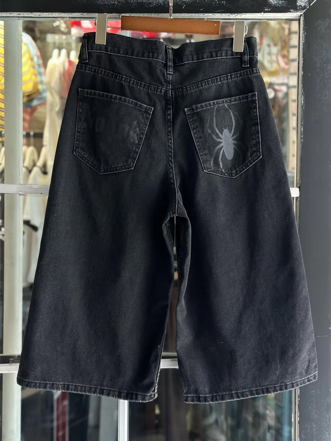 Black Denim Shorts with Spider Web Design