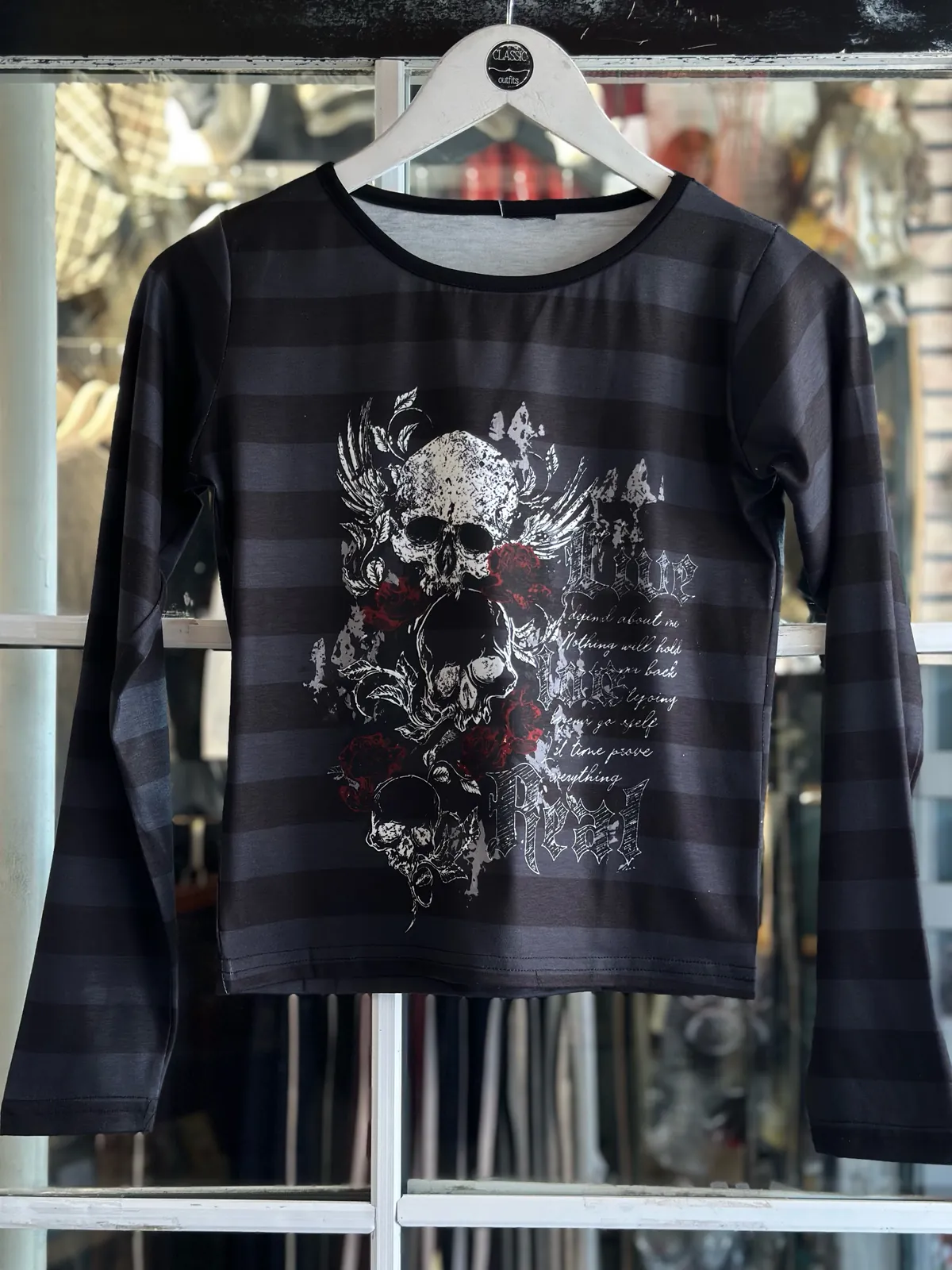 Black Striped Long-Sleeve Skull Print Shirt