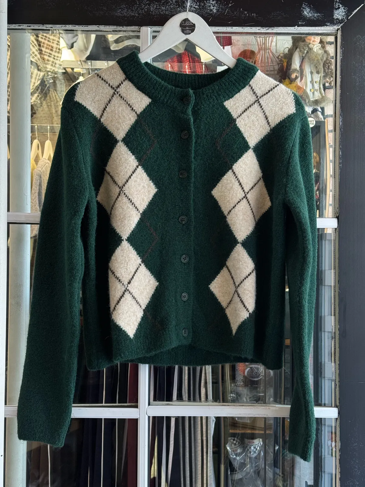 Green Argyle Patterned Cardigan