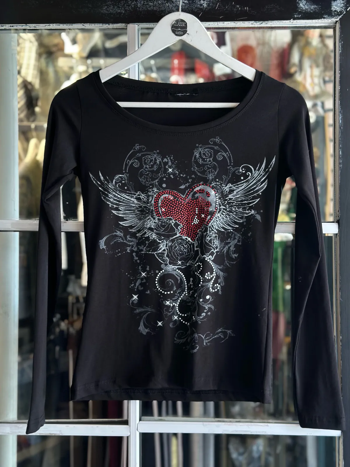 Black Long Sleeve Shirt with Heart and Wing Design