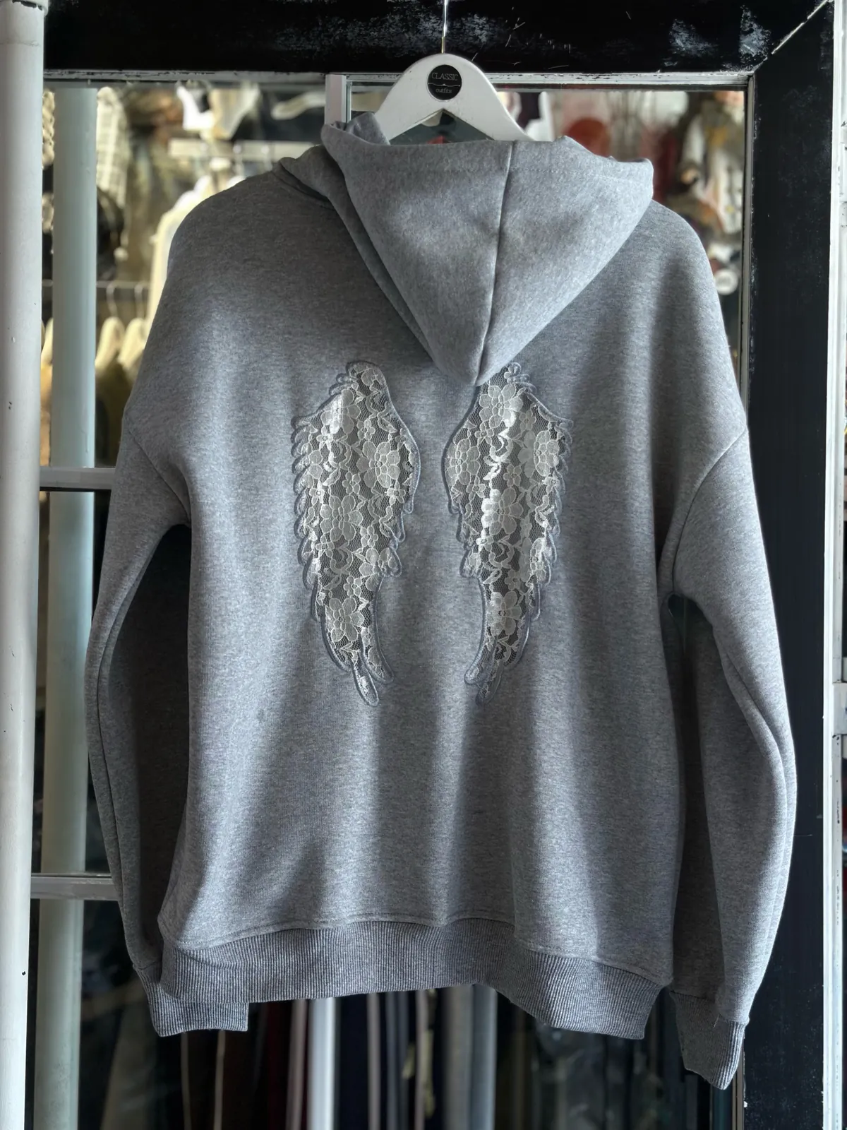 Grey Hoodie with Lace Wing Design
