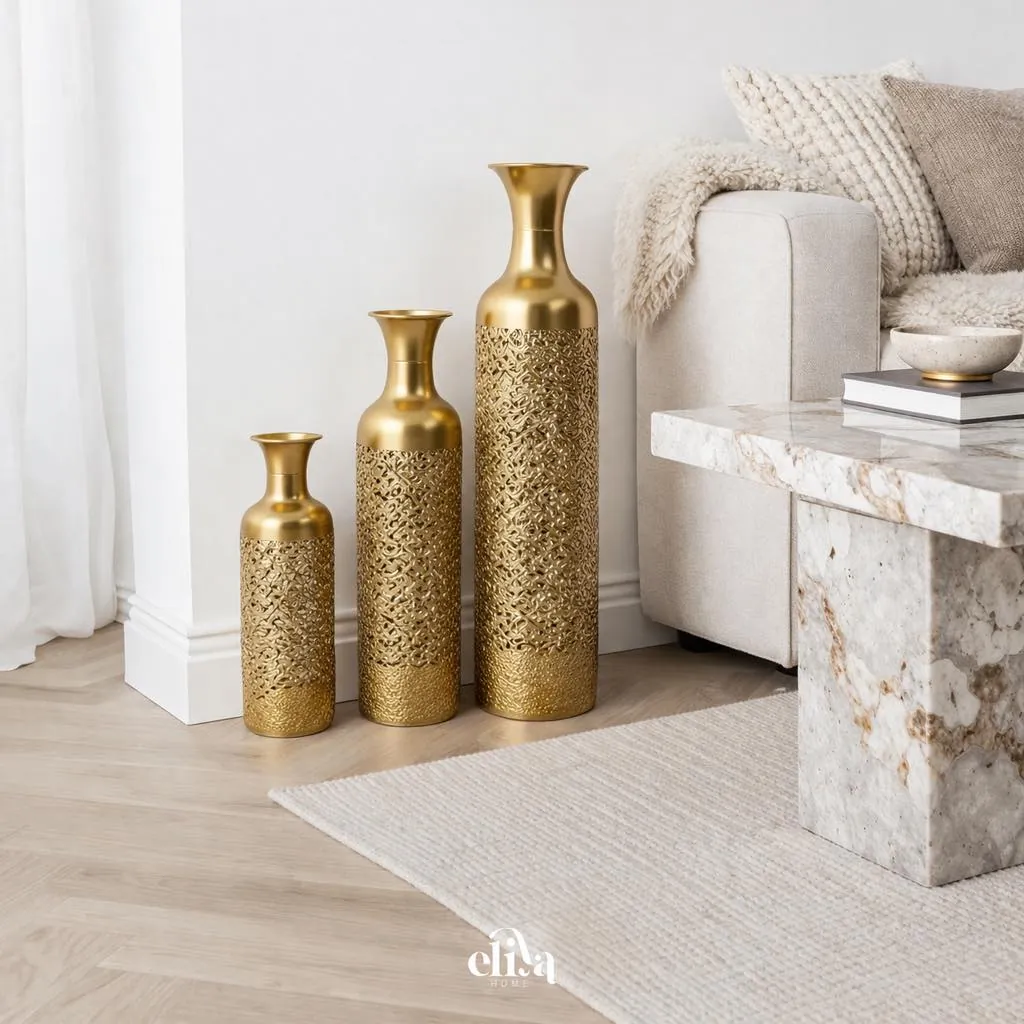 Elegant Chrome Metal Floor Vase Set