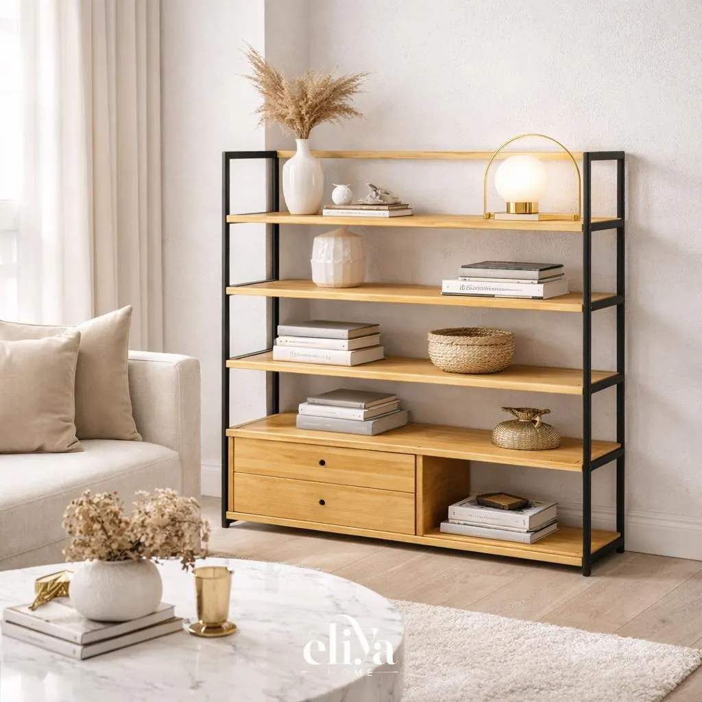 Bamboo Wood Drawer Bookshelf