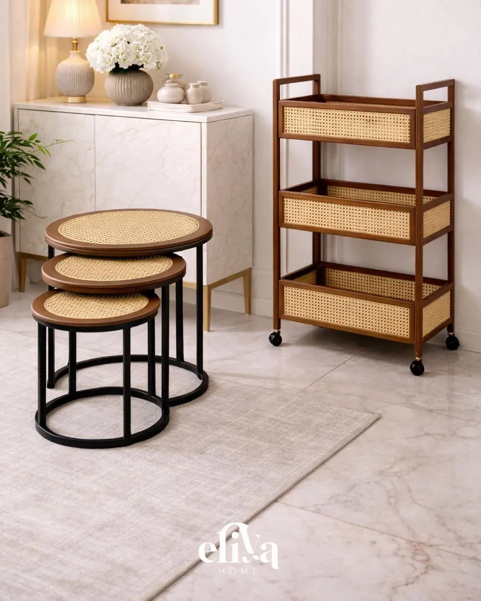 Wooden Tables Set and Serving Trolley