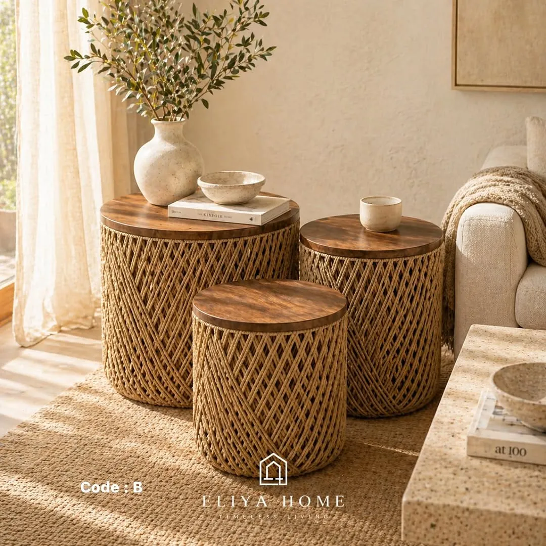 Three-Piece Macrame and Natural Wood Table Set
