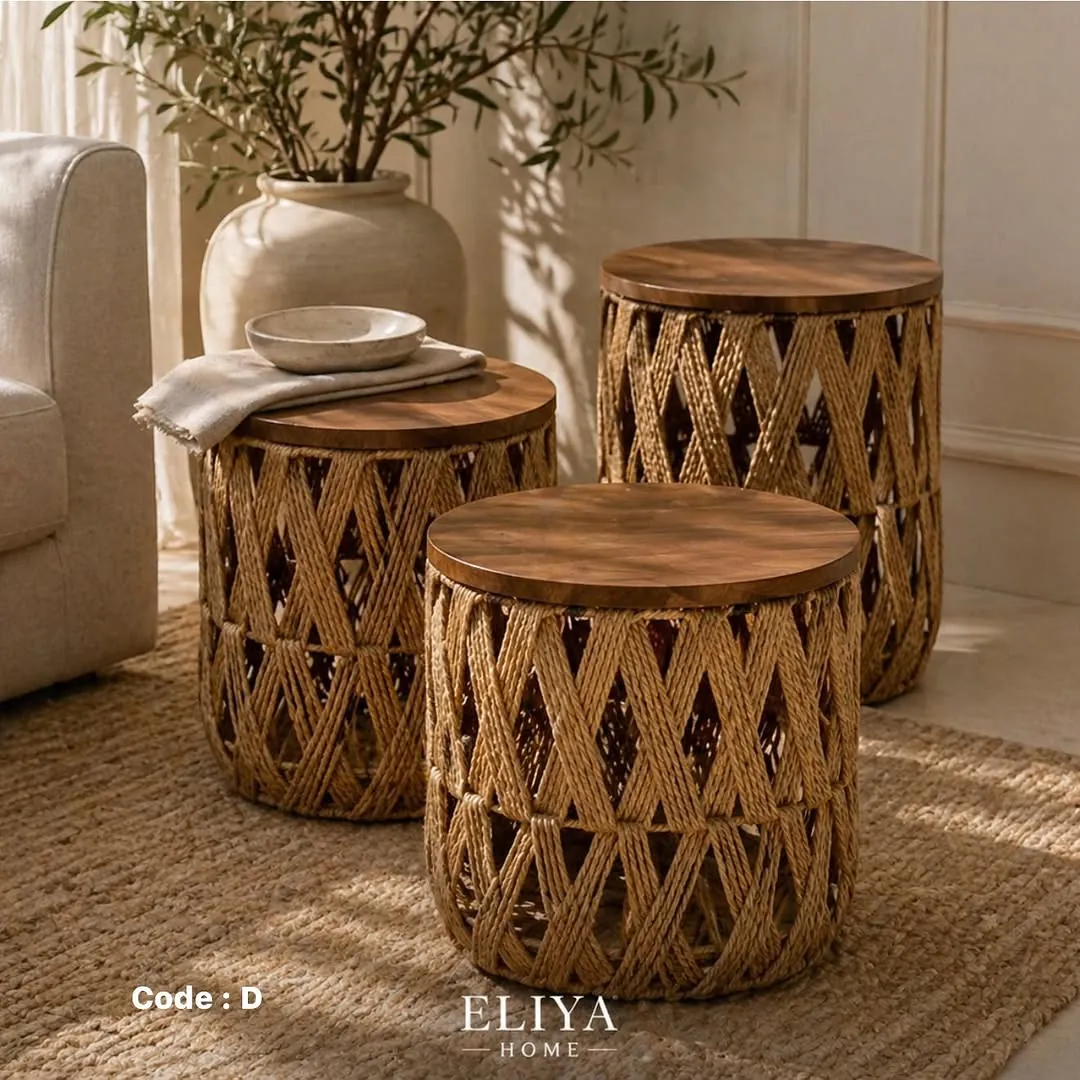 Three-Piece Macrame and Natural Wood Table Set