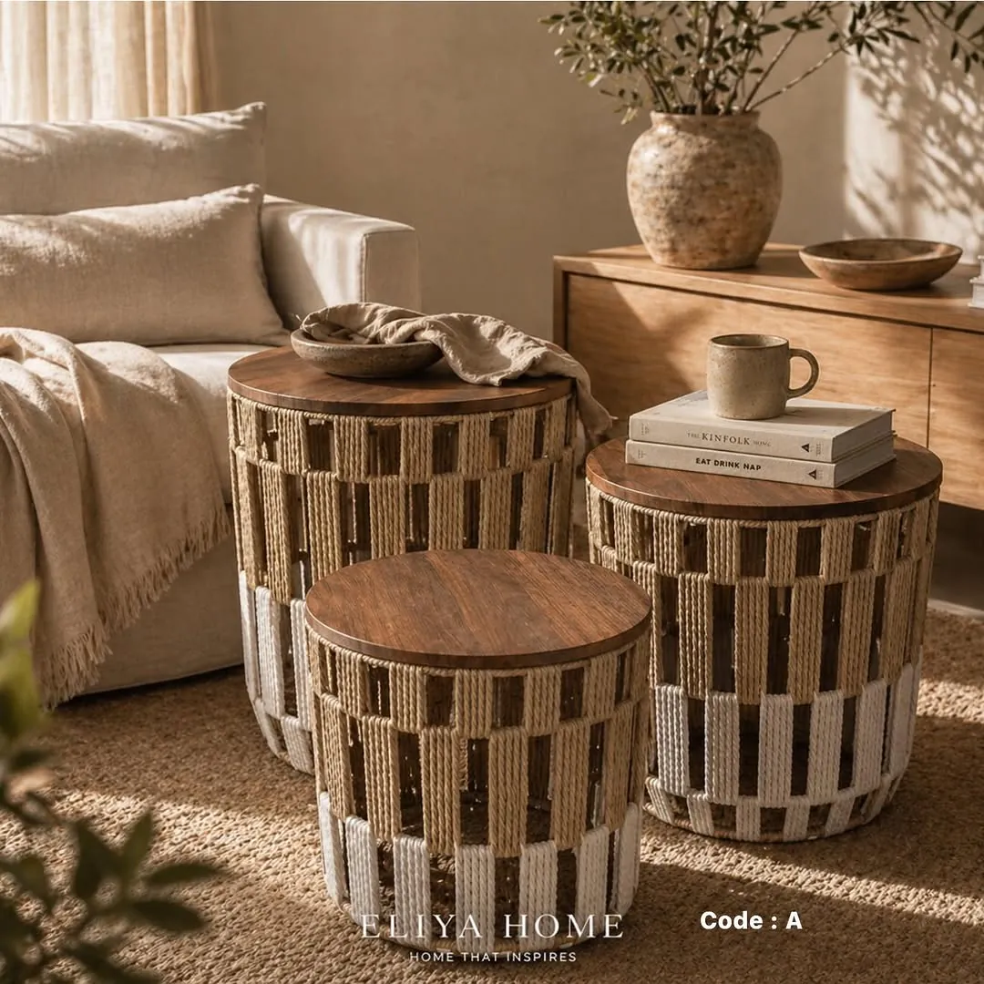 Three-Piece Macrame and Natural Wood Table Set
