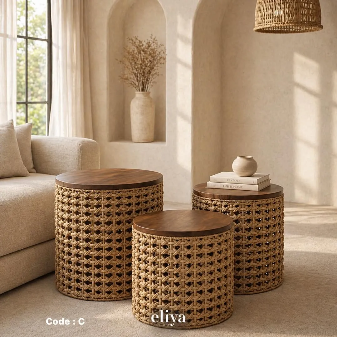 Three-Piece Macrame and Natural Wood Table Set