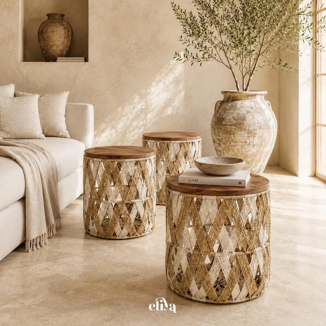 Three-Piece Macramé and Natural Wood Table Set